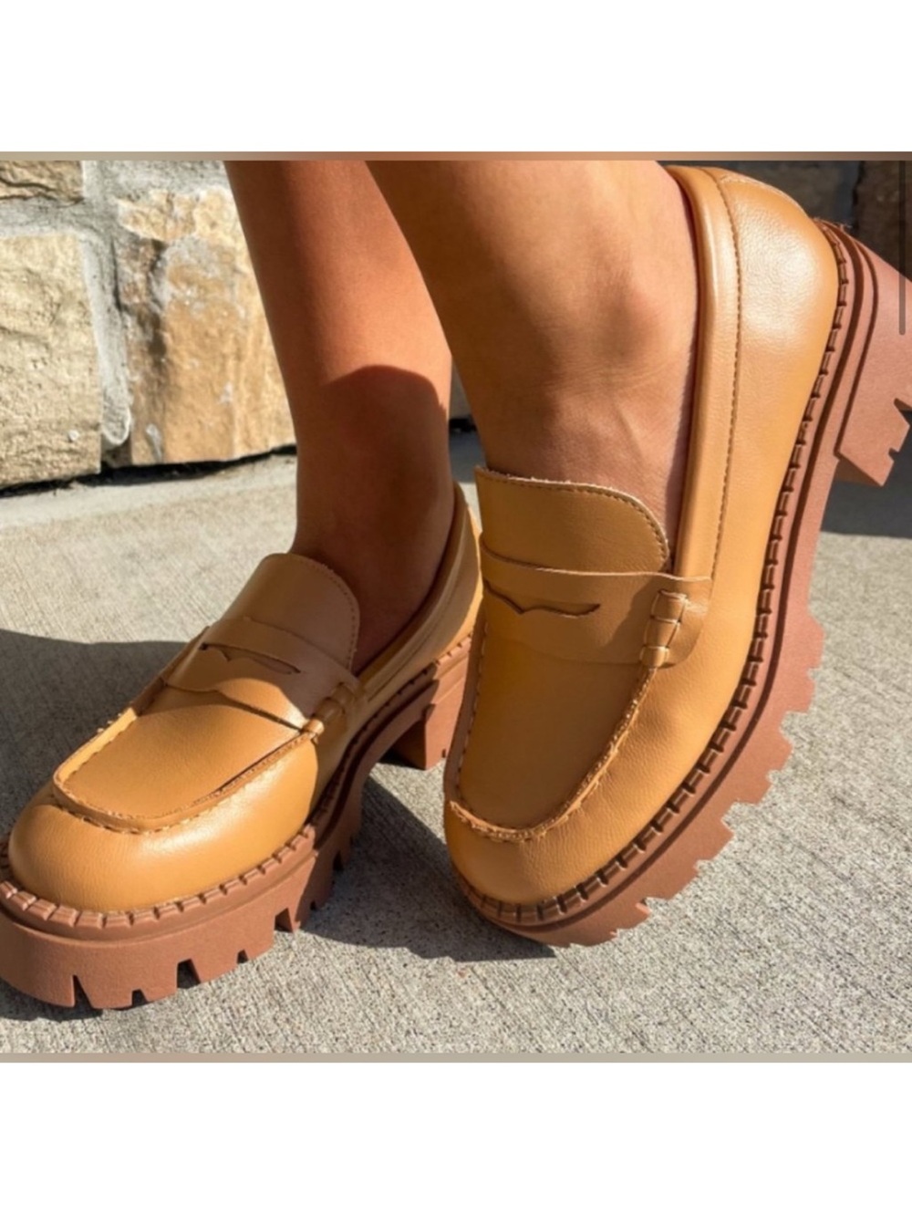 Free People Chunky Lug Sole Tan Leather Penny Loafers 39.5 9.5